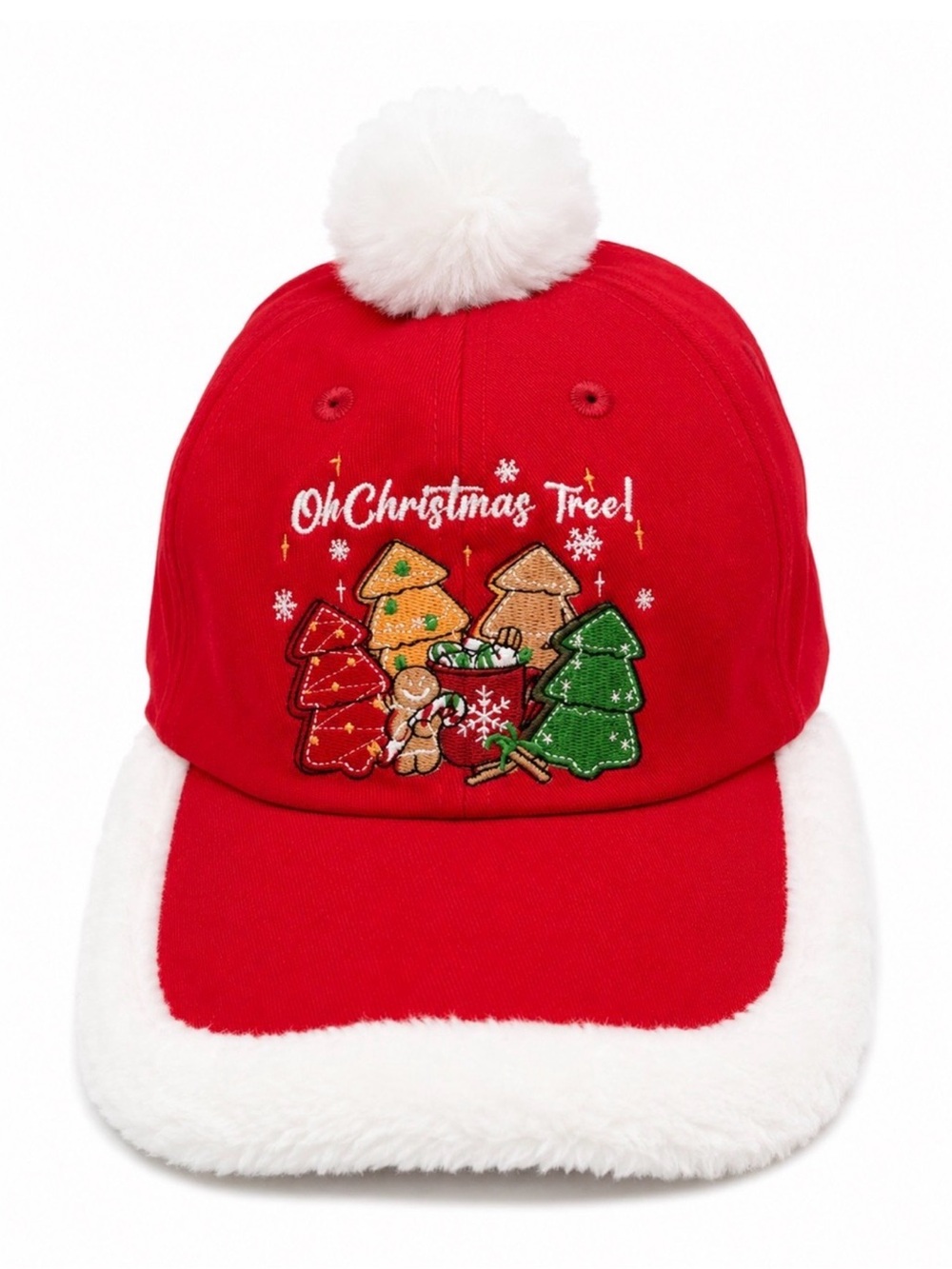 Red Christmas Pom Baseball Cap with White Faux Fur Trim